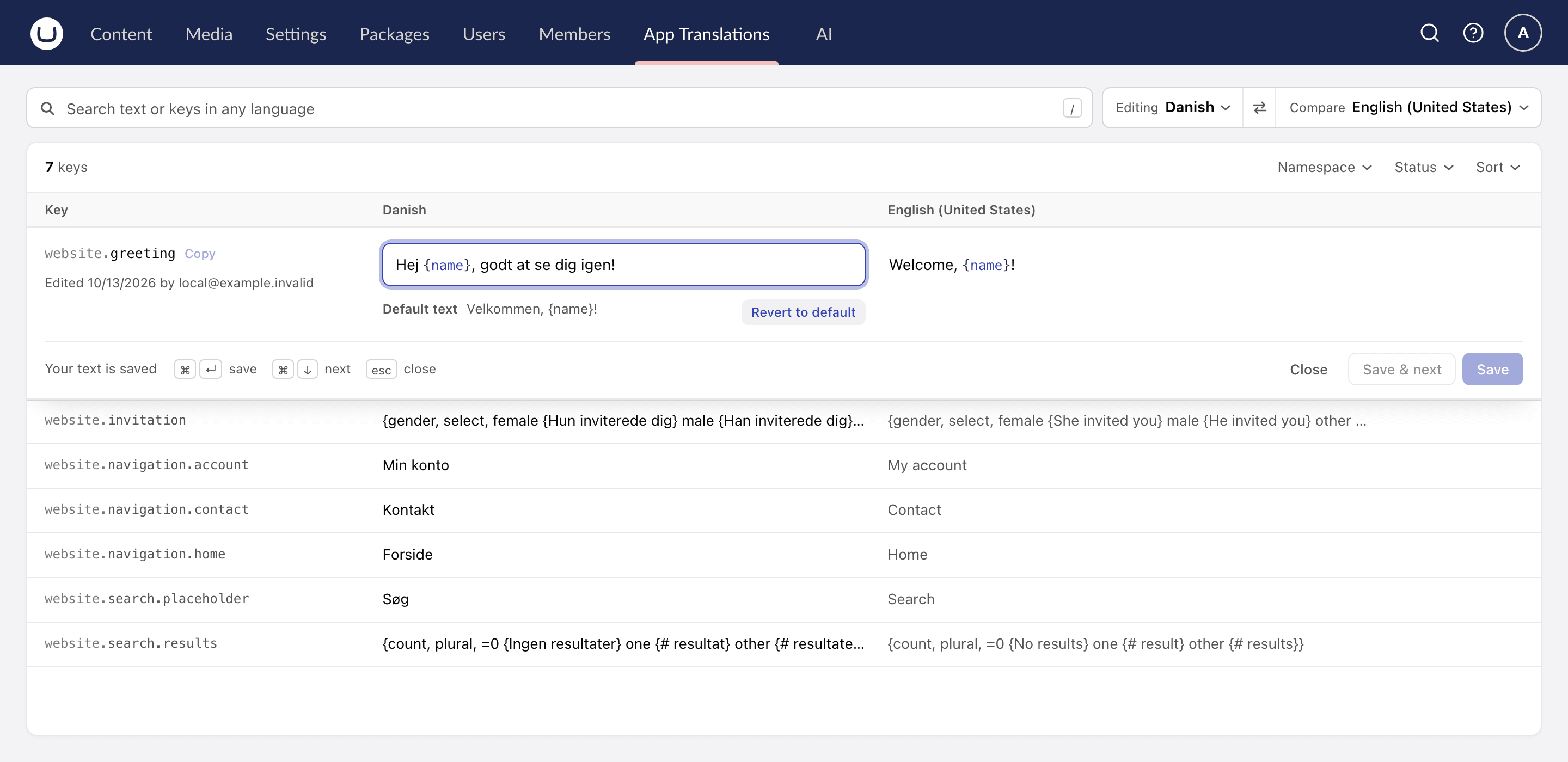 The App Translations editor in Umbraco, editing a Danish message next to the English one