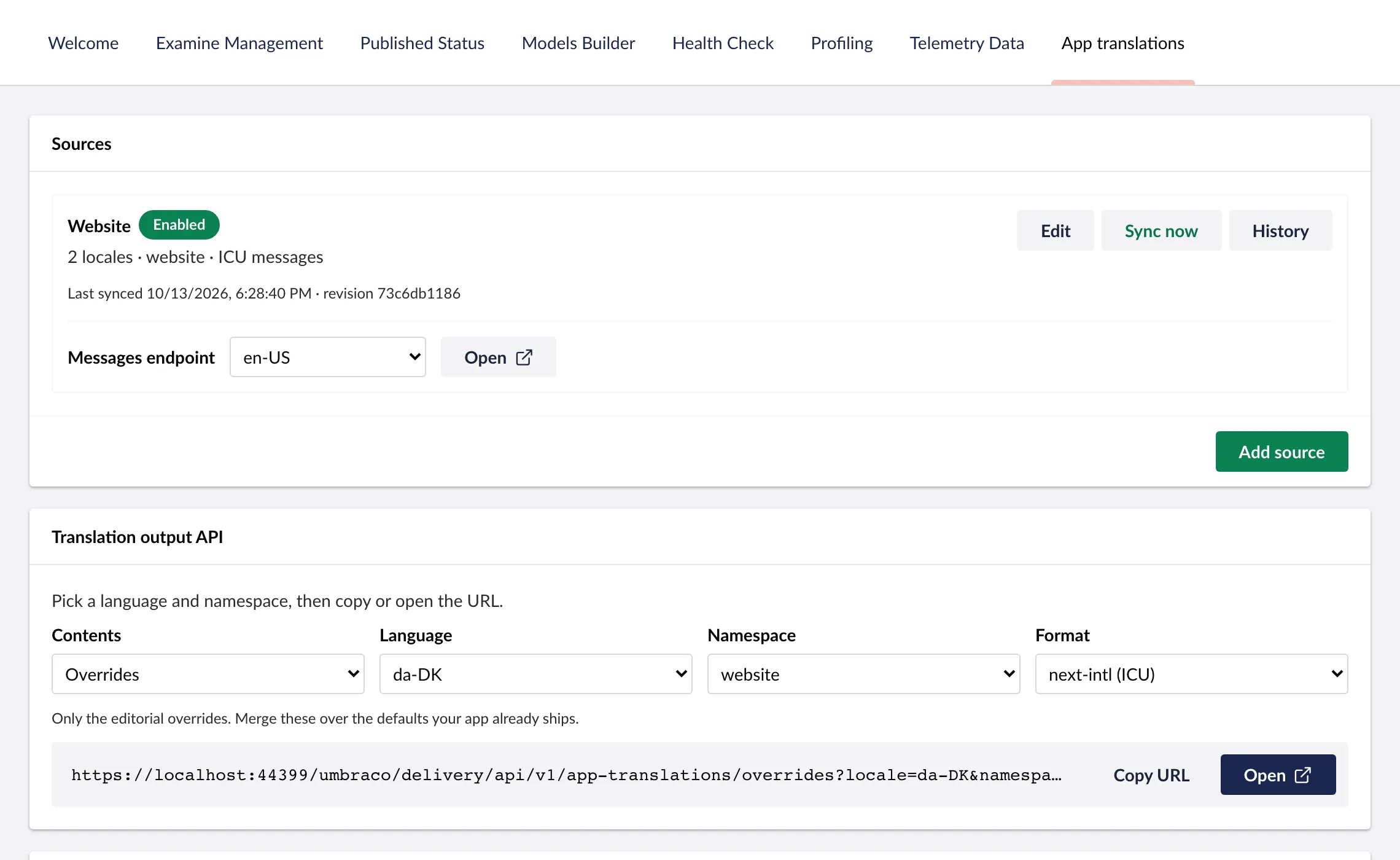 Settings > App translations, with one source and the delivery URL for Danish