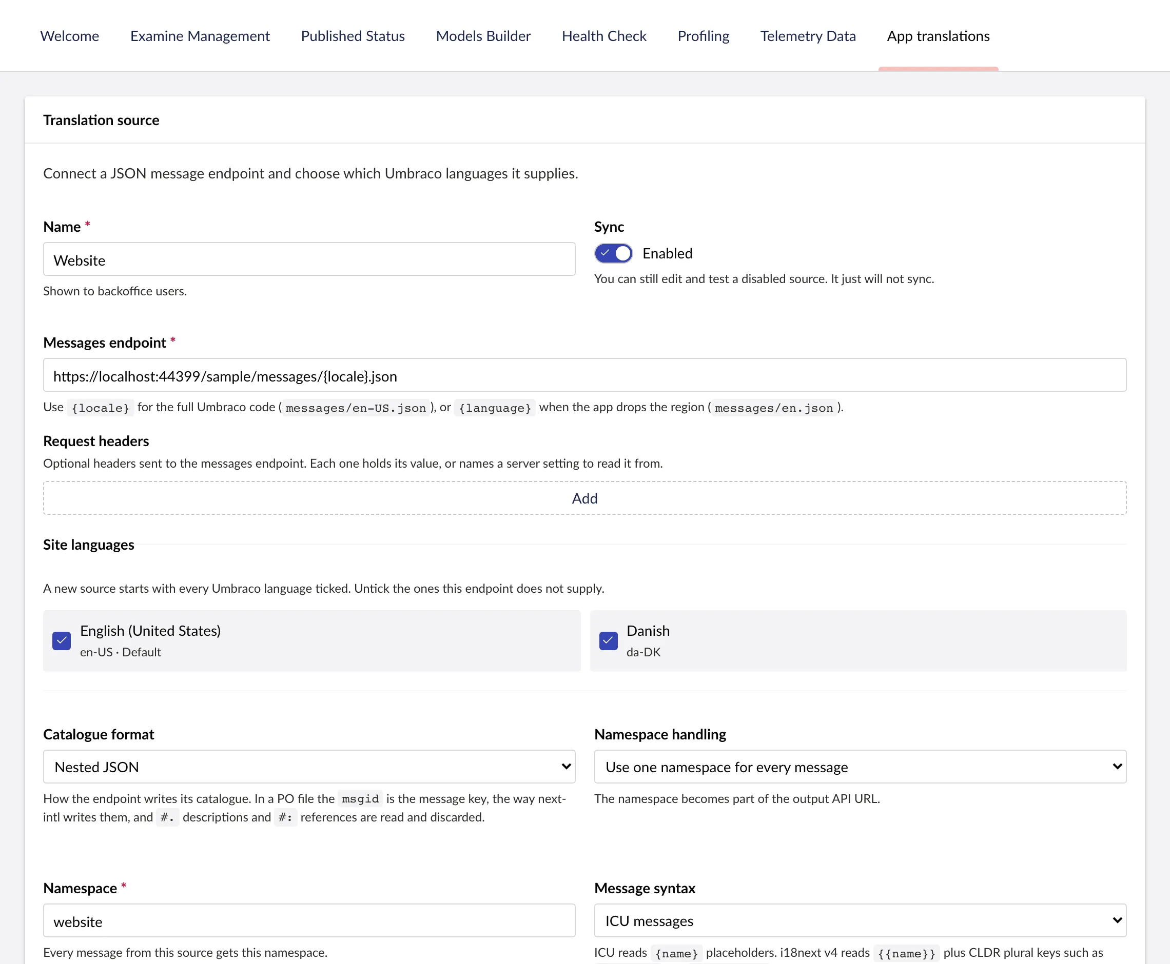 A source’s settings: its name, the URL with a locale placeholder, request headers, the Umbraco languages it supplies, the catalogue format, namespace and message syntax
